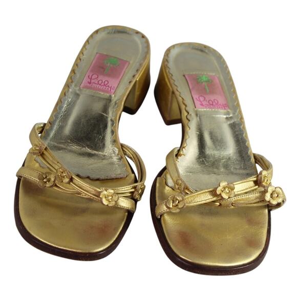 Lilly Pulitzer Women’s Gold Block Heel Sandals Slip On Dress Shoes Size 8.5M Y2K - Picture 1 of 11